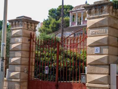 Raggiungiamo ora il cancello di ingresso, racchiuso tra due colonne bugnate con capitelli merlati. Su queste � scolpito il nome della famiglia Spinelli, proprietari della villa dal 1939, grazie ai quali abbiamo la possibilit� di varcarne la soglia per andare ad ammirare i sorprendenti interni